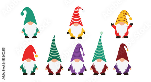 A charming collection of cute garden gnomes with long white beards and colorful pointy hats isolated on white background.