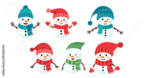 A collection of six cute and happy cartoon snowmen wearing colorful winter hats and scarves for the holiday season.