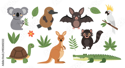 A collection of cute cartoon Australian animals including a koala kangaroo platypus and crocodile with tropical leaves.