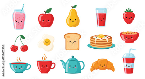 A cute collection of kawaii-style breakfast food and drink characters with smiling faces including pancakes eggs and fruit.