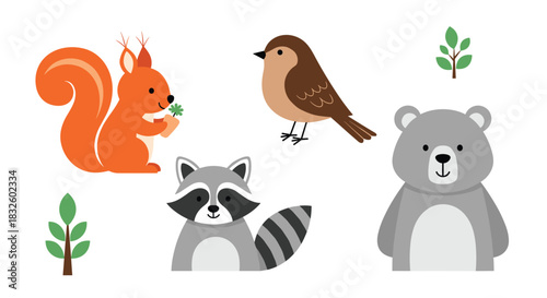 A simple and cute collection of four cartoon woodland animals including a squirrel bird raccoon and a gray bear.