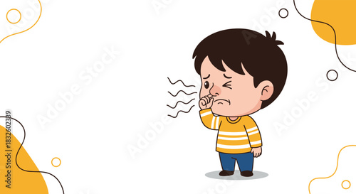 A cartoon boy with a disgusted expression is pinching his nose because of a bad smell with abstract shapes in the background.