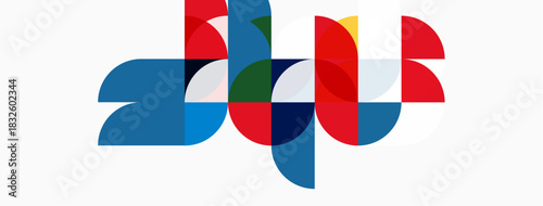 Abstract geometric shapes overlap, creating vibrant colorful composition. Modern design features blue, red, green hues.