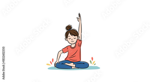 A happy young woman with her hair in a bun is doing a seated side stretch yoga pose on a mat in a simple drawing style.