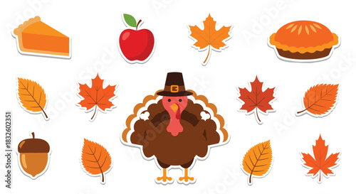 A collection of cute Thanksgiving holiday stickers including a turkey in a pilgrim hat pumpkin pie and colorful autumn leaves.
