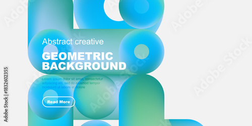 Abstract geometric background features vibrant blue, green shapes. Text promotes creative content, includes call to action button.