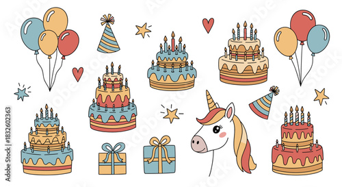 A festive collection of birthday party doodle elements including tiered cakes balloons presents and a cute unicorn head.