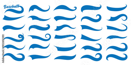 Swoosh and swash tails line collection. Swooshes text tail for baseball design. Typography tails shape for football or athletics sport team sign text. Blue and Yellow color swoosh