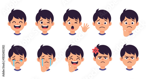 A set of a young boy's facial expressions showing a wide range of emotions from happy and sad to angry and surprised.
