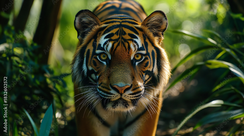 Fototapeta premium Majestic Bengal Tiger Emerges from Lush Greenery a Powerful Apex Predator in its Natural Habitat