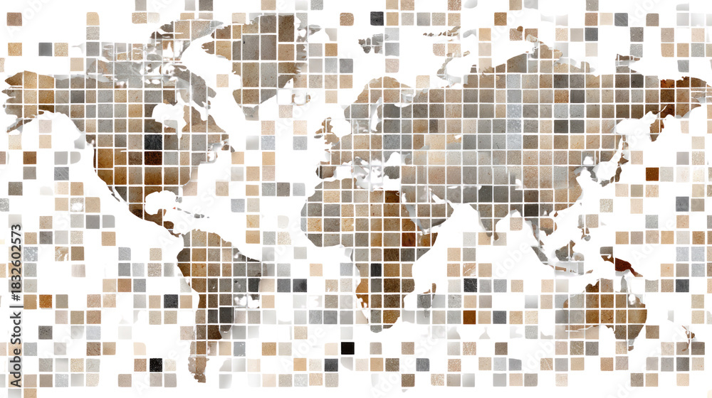 Fototapeta premium Pixelated World Map: An abstract digital representation of the world map, constructed from mosaic of textured pixels in shades of brown and grey.
