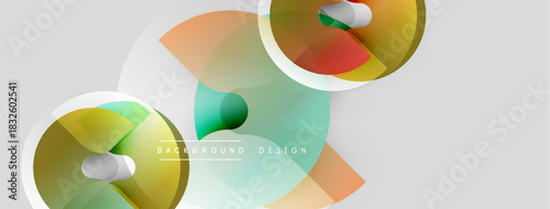 Abstract geometric shapes, vibrant colors, overlapping layers create modern background design. Soft gradients, smooth transitions visible.