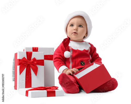 Cute little baby in Santa c...