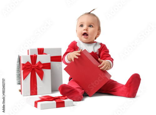 Cute little baby in Santa c...