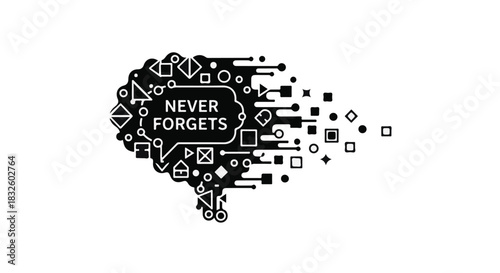 Abstract digital brain with 'Never Forgets' message, symbolizing memory and technology