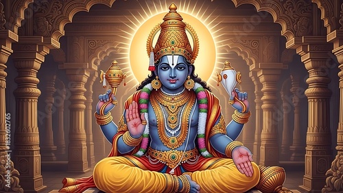 Hindu Deity Lord Vishnu Sitting in Temple with Golden Aura and Intricate Architecture