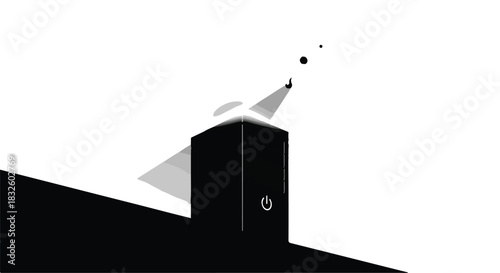 Minimalist graphic of a power button on a dark cube against a white background with small dots