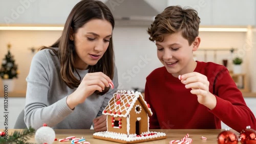 Mother and Son Decorating a Gingerbread House