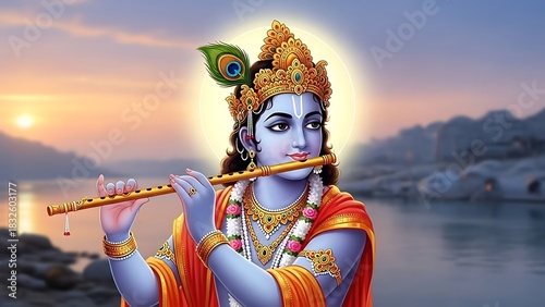 Hindu Lord Krishna Playing Flute in Serene River Sunset Scene