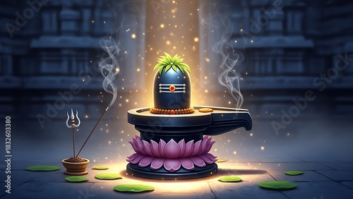 Hindu Shiva Lingam Worship Scene with Lotus Flower and Incense Smoke in Sacred Temple