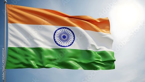Indian Flag Waving in Bright Sunlight Against Clear Sky