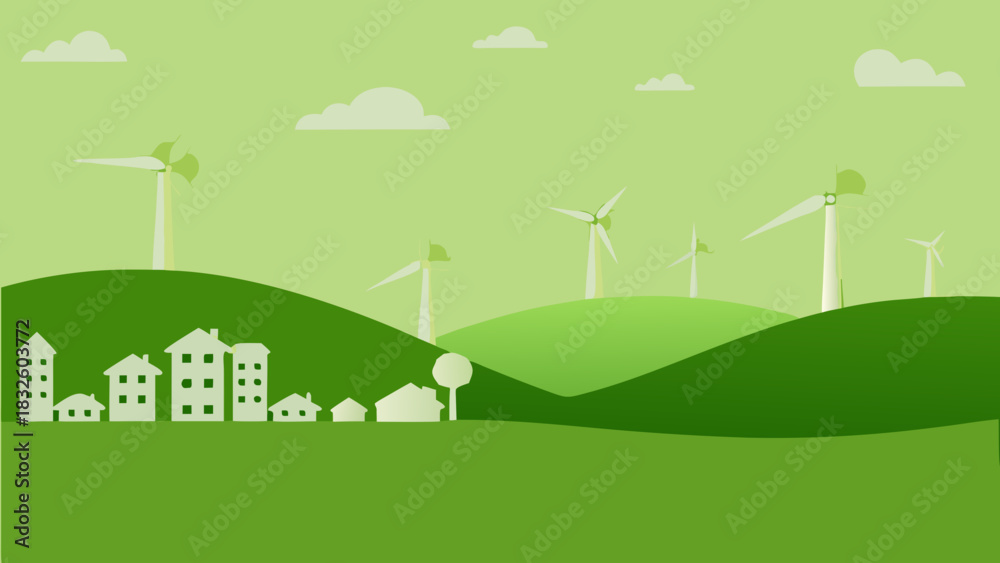 Naklejka premium Green landscape with wind turbines, houses, and clouds in a simple, flat vector illustration style
