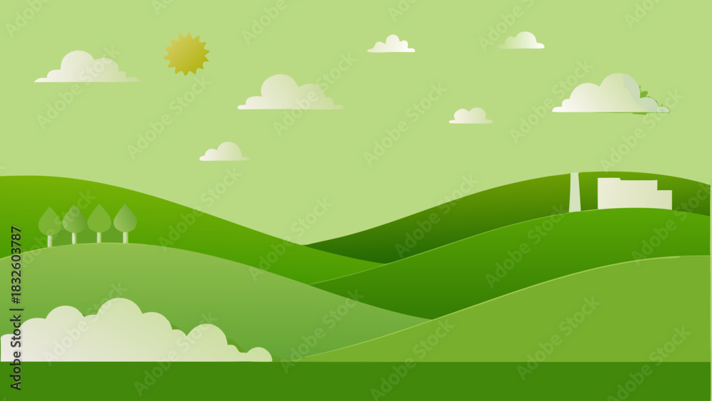 Fototapeta premium Illustration of a green landscape with rolling hills trees sun clouds and a building in the distance view 100