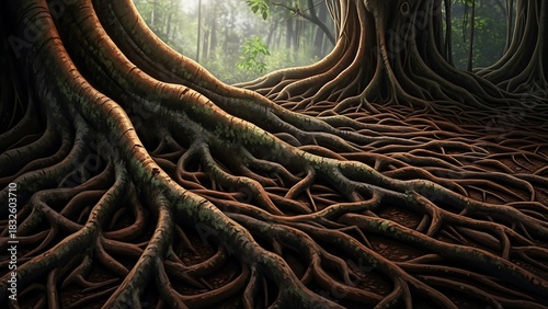 Magnificent Large Tree Roots in Dense Forest with Sunlight Filtering Through Leaves