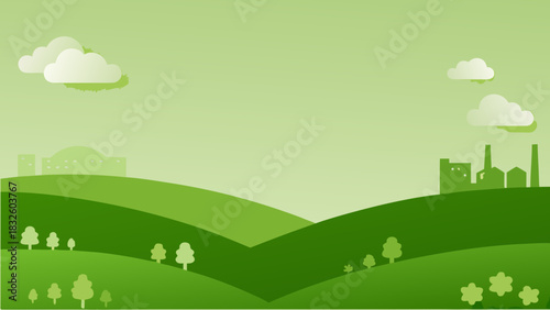 Green landscape with rolling hills, trees, clouds, and buildings in the distance, simple and serene scene