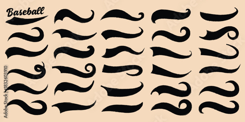 Swoosh and swash typography tails shape. Underline retro swoop wave line for athletic tshirt. Vector strockes set. Vector black sport tails. Swoosh silhouette elements for baseball, football or athlet