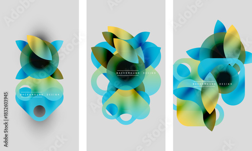 Abstract floral shapes, vibrant colors, gradient effects. Modern design elements create dynamic visual composition. Backgrounds appear light gray.
