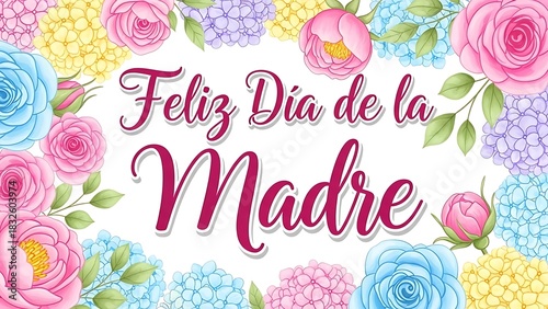 Mother's Day Floral Greeting Card with Pink Blue Yellow Flowers and Elegant Text