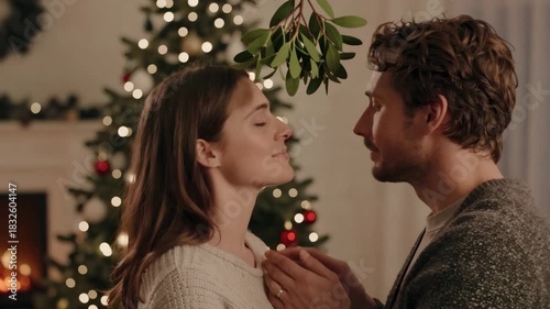 Couple Sharing a Kiss Under the Mistletoe