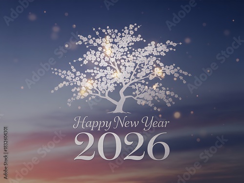 A luminous white tree adorned with sparkling lights stands against a gradient twilight sky celebrating the arrival of the new year 2026
