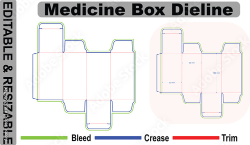 Editable resizable tall medicine box dieline – professional pharmaceutical folding carton die cut layout with bleed trim and crease lines – print ready vector packaging template
