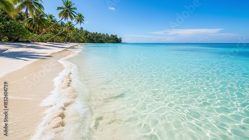 Fototapeta Naklejka Na Ścianę i Meble -  Crystal clear turquoise ocean water gently lapping on a tropical white sand beach with lush green palm trees lining the shore under a bright blue sky