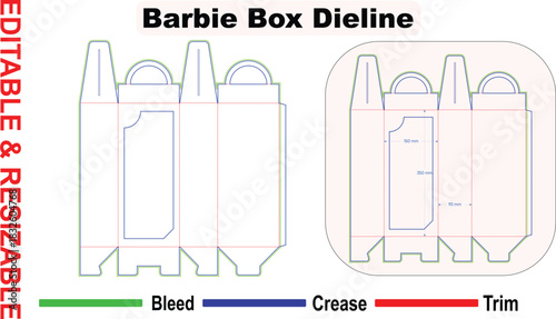 Editable resizable toy handle box dieline – hanging retail doll packaging die cut layout with window, bleed, trim and crease lines – vector folding carton template for print ready design