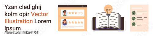E-learning, online reviews, productivity tools, educational resources, task management, rating systems. Webpage ratings, book with lightbulb checklist icons. E-learning and online reviews concept