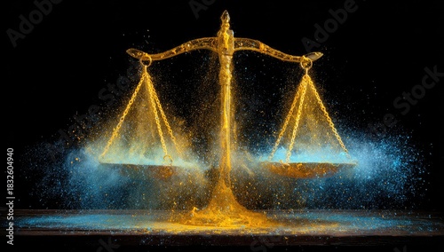 Golden balance scale bursts with blue and gold powder.