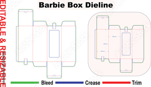 Editable resizable toy doll packaging box dieline – vertical window retail carton die cut layout with bleed trim and crease lines – professional vector template for print ready folding box design