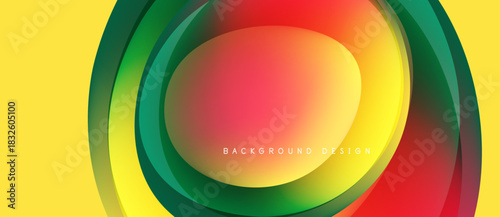 Abstract vibrant layers create circular design. Yellow, green, red hues blend smoothly. Modern background element for projects.