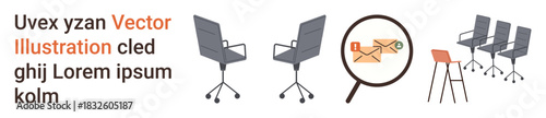 Business communication, workplace organization, meeting setups, modern design, seating solutions, and analytics concepts. Office chairs with a magnifying glass focusing on an envelope. Business