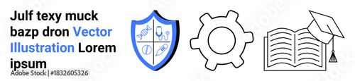 Education, security, learning, knowledge protection, school systems, informational technology. A shield with educational icons, gear and open book with a graduation cap. Education and security