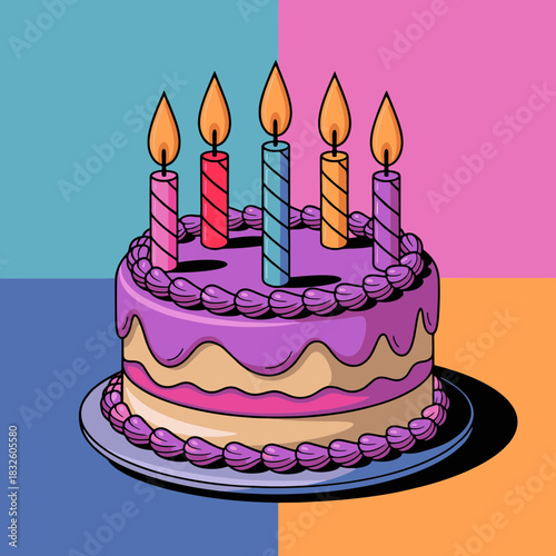 Illustration of a Birthday Cake with Five Lit Candles.