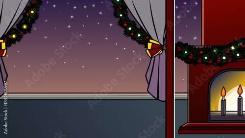 A christmas scene with a window garland curtains and fireplace with candles under a starry night sky