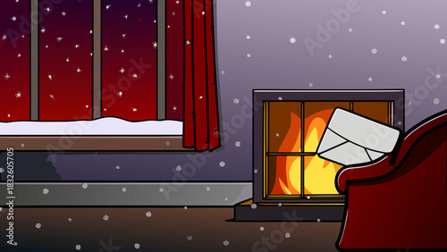A cozy christmas eve scene with a window showing snow and a letter burning in the fireplace indoors