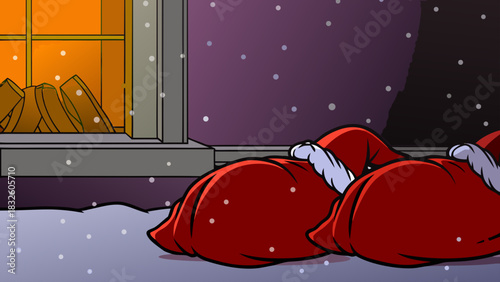 Santa sacks near a window with a fireplace and snow falling outside on a winter night scene view indoors