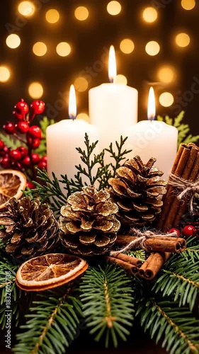 Festive Christmas Candlelight Arrangement with Pinecones and Berries.