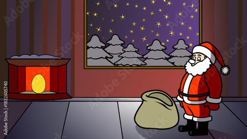 Illustration of santa claus with a sack near a fireplace with a golden egg and a winter scene picture