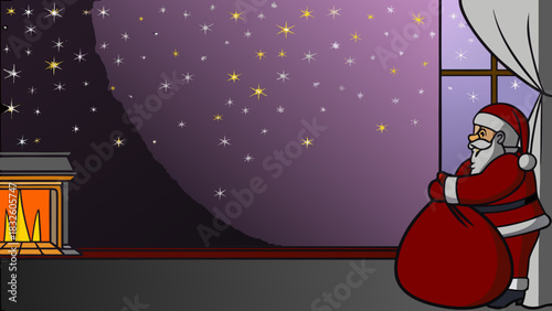 Santa claus standing by the window with a sack in a christmas night with stars and fireplace view